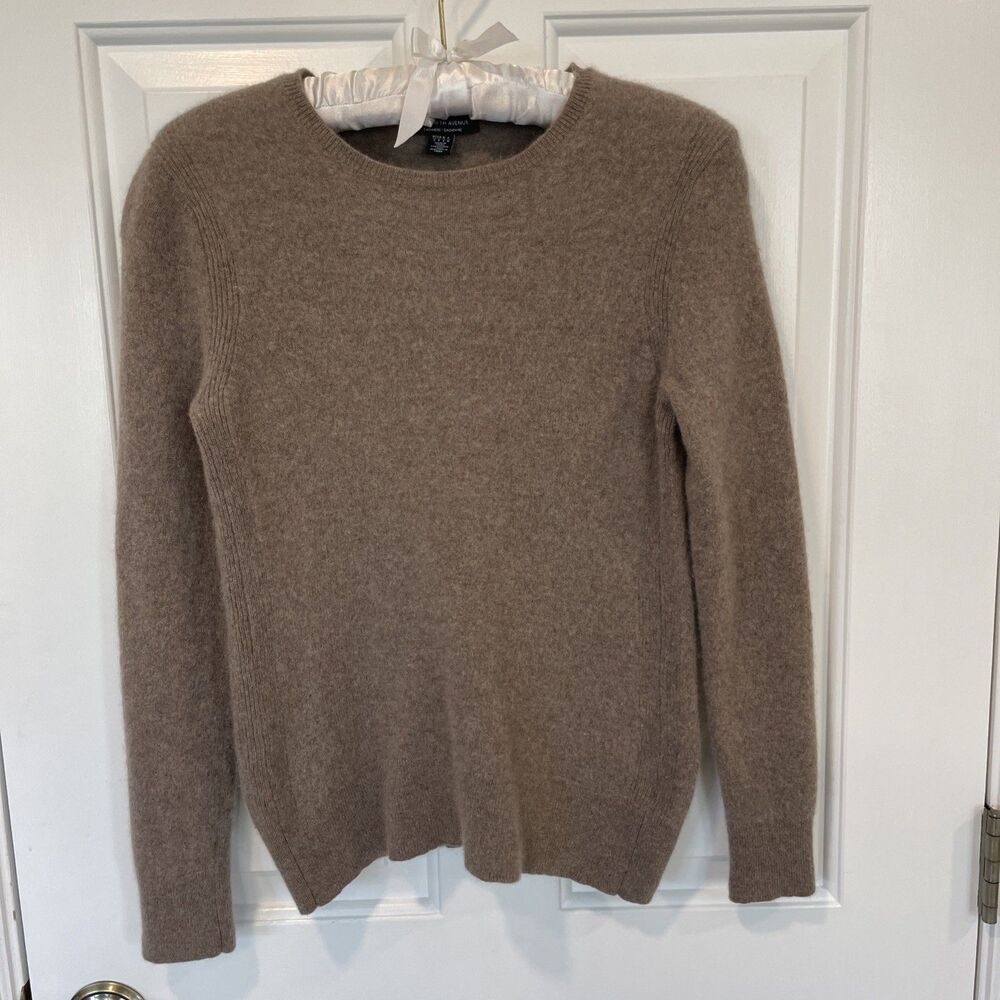 Saks Fifth Avenue Unisex Tan Gray Cashmere Knit Crew Neck Pullover Sweater Small
